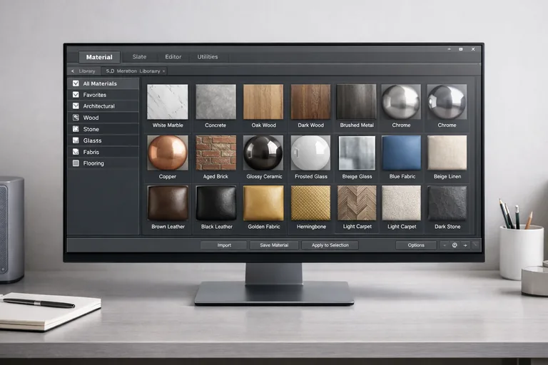 İç mekân sahnesinde ışık şablonu ve materyal kütüphanesi ile tutarlı yüzeylerin örneklenmesi