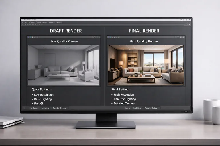 Render preset karşılaştırmasıyla draft ve final aşamalarında kalite hedefinin net gösterimi