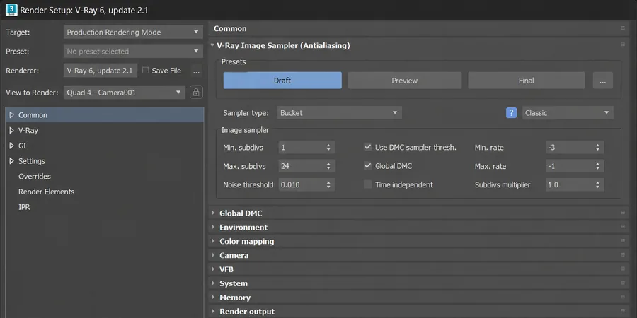 Render Setup penceresinde Draft Preview ve Final preset sekmeleri ve sampling parametreleri