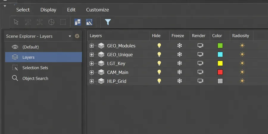3ds Max Layer Explorer paneli GEO_Modules LGT_Key CAM_Main katman düzeni açık