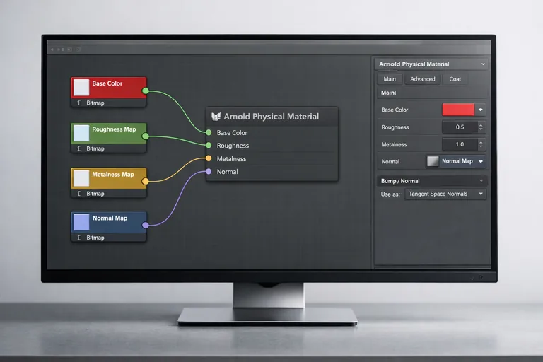 Arnold Physical Material düğümlerinde base color, metalness ve normal bağlantılarını gösteren akış