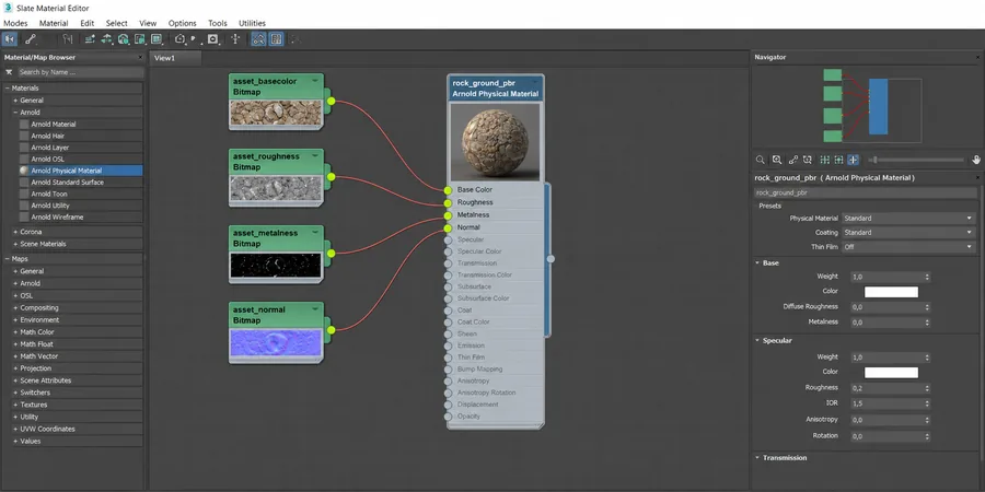 3ds Max Slate Material Editor Arnold Physical Material base color roughness metalness normal düğüm bağlantıları