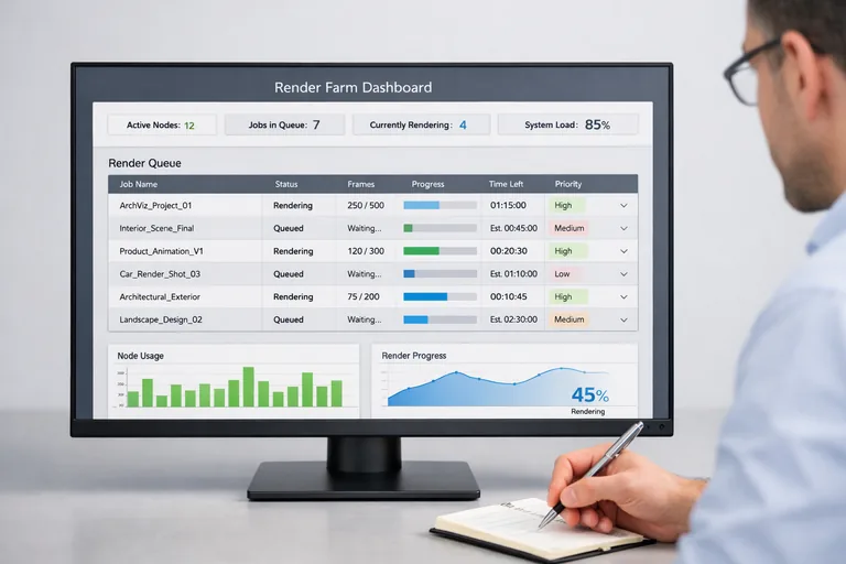 Render kuyruğunda işlerin durumunu ve sürelerini izleyen yönetim ekranı üzerinden planlama yapan uzman