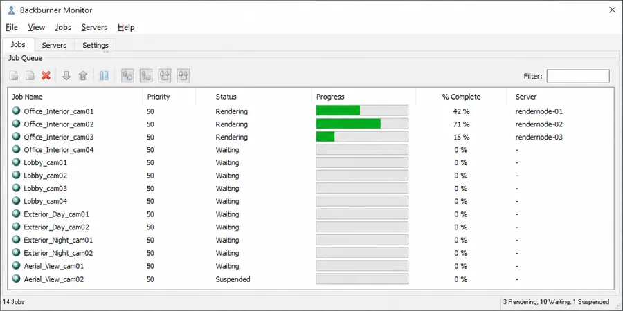 Backburner Monitor render kuyruğu ekran kesiti Backburner Monitor render kuyruğu pencere işler durumlar ve yüzdesel ilerleme listesi