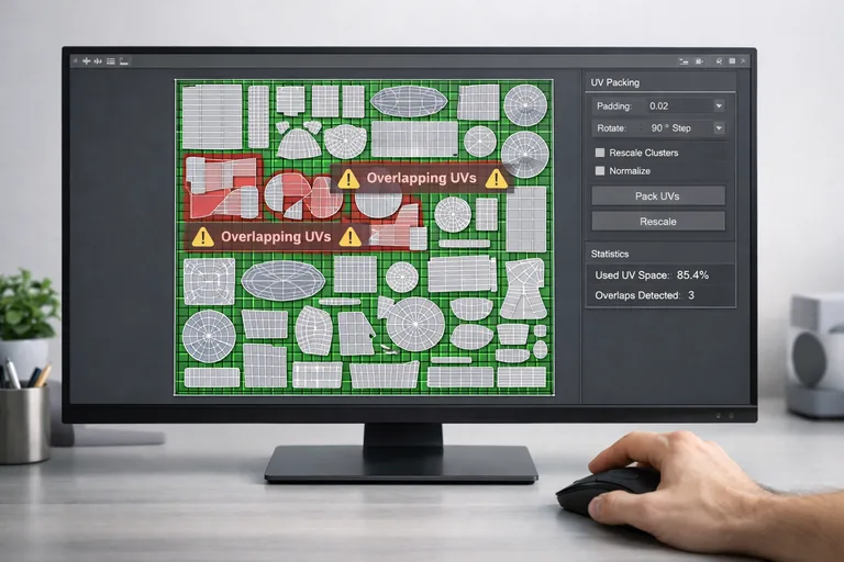 Overlap ve padding hatalarını gösteren UV editör görünümünde sıkışmış adalar ve sınır sızıntısı riski olan yerleşim