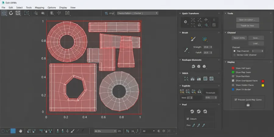 UV editörde overlap kırmızı uyarılı çakışan adalar ve dar padding ile sınır taşması