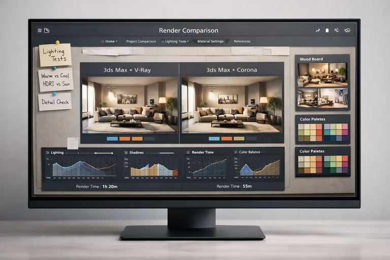 Aynı iç mekân projede farklı ışık kurulumlarıyla elde edilen sonuçların yan yana değerlendirilmesi ve notlarla kıyaslanması