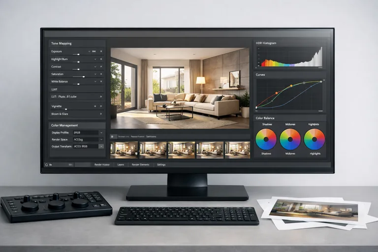 Render sonrası düzenleme akışında renk yönetimi, ton eşleme ve çıktı formatlarının kontrol edildiği bir çalışma masası düzeni