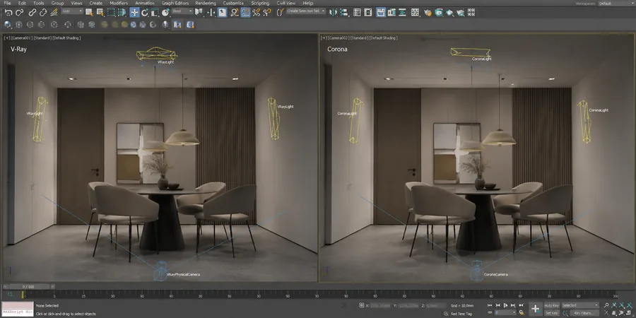 3ds Max ekranında V-Ray sahne sekmesi ve Corona sahne sekmesi yan yana açık karşılaştırma tablosu
