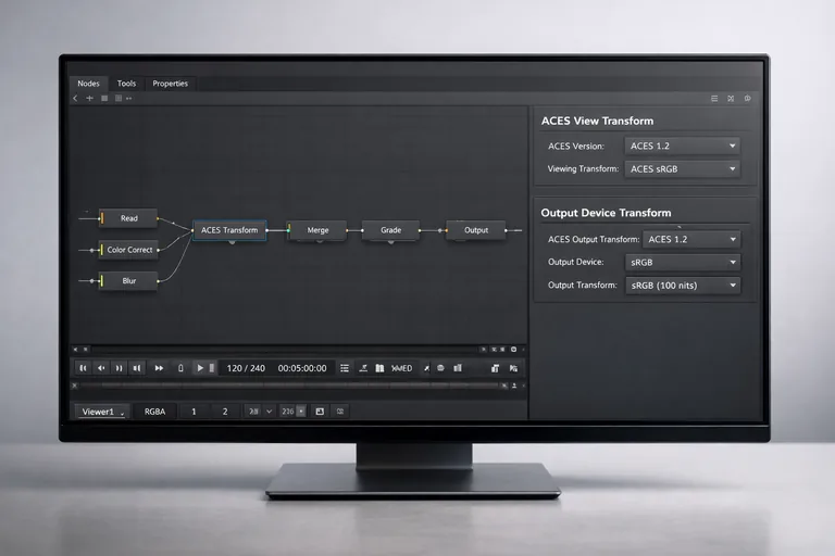 Node tabanlı compositing yazılımında ACES view transform ve output device transform ayarları
