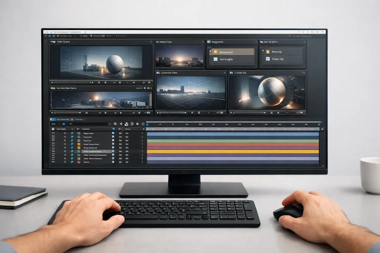Bir kart tasarımının pre-comp olarak gruplanıp farklı mesafelere yerleştirildiği düzenli bir katman hiyerarşisi