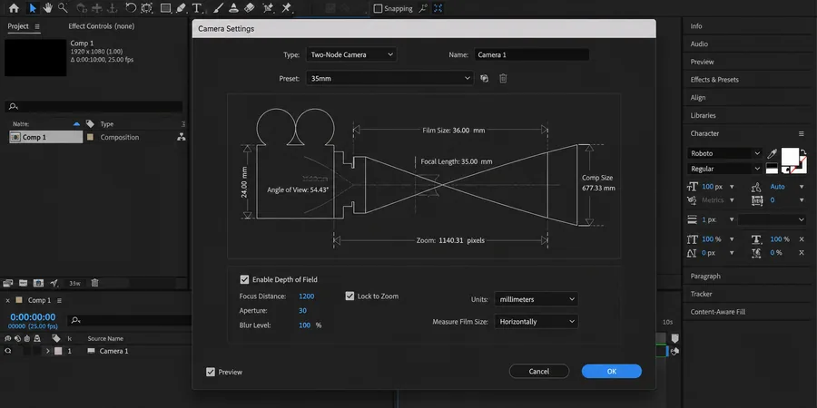 After Effects Camera Settings dialog penceresinde Focus Distance 1200 Aperture 30 Depth of Field açık