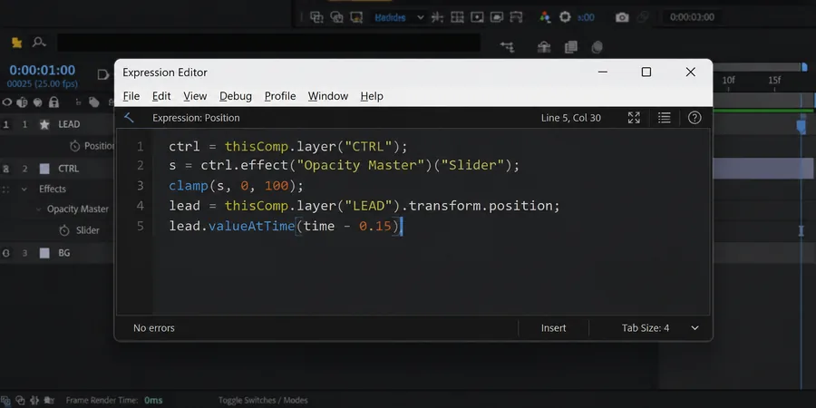 After Effects Expression Editor penceresi içinde linear clamp loopOut valueAtTime fonksiyonlu çok satırlı script kodu