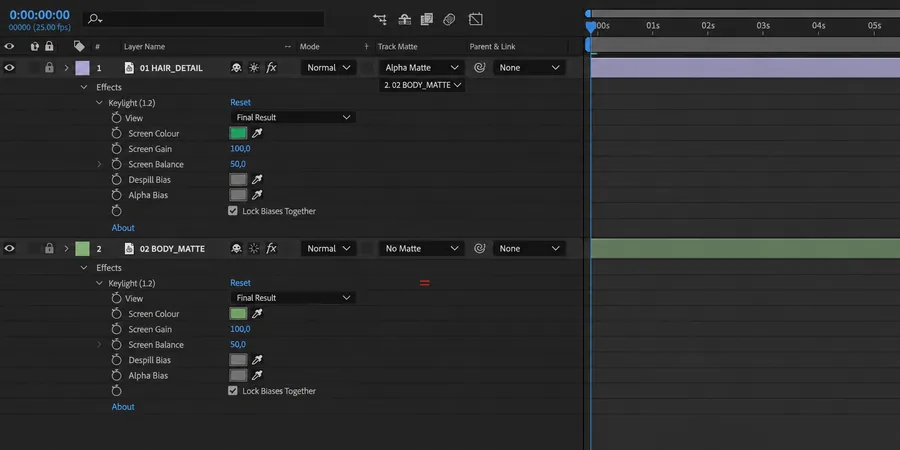 After Effects Timeline panelinde Body Matte ve Hair Detail iki katman alfa birleşimi Track Matte alpha açık