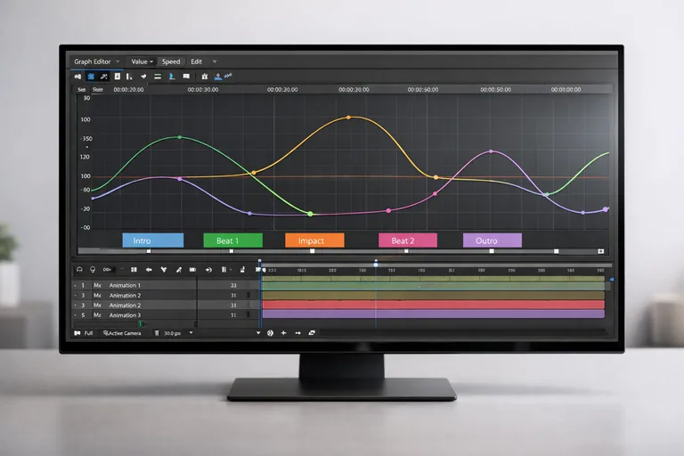 Graph Editor üzerinden hız eğrileri düzenlenmiş tipografi hareketleri ve zaman çizgisi üzerinde işaretlenmiş geçiş anları