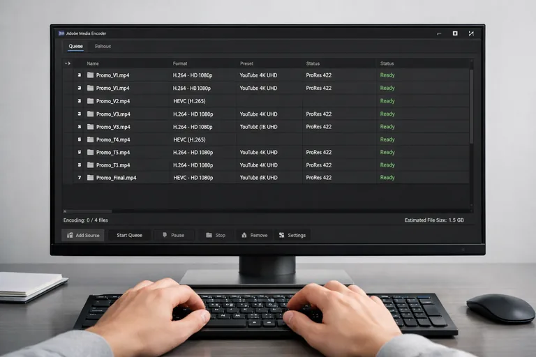 Media Encoder kuyruğunda sürüm numarasıyla adlandırılmış çıktıların listelendiği ve farklı formatların planlandığı çalışma ekranı
