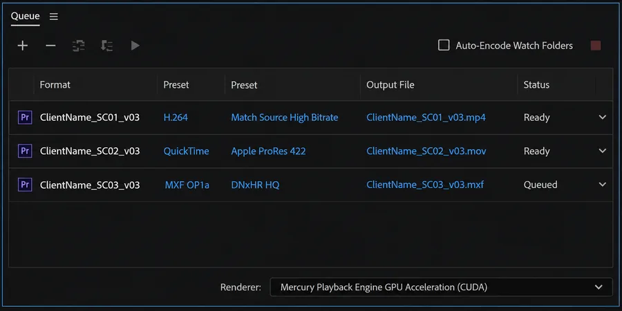 Adobe Media Encoder Queue panelinde SC01 v03 mp4 ProRes 422 DNxHR sırada üç render job kuyrukta