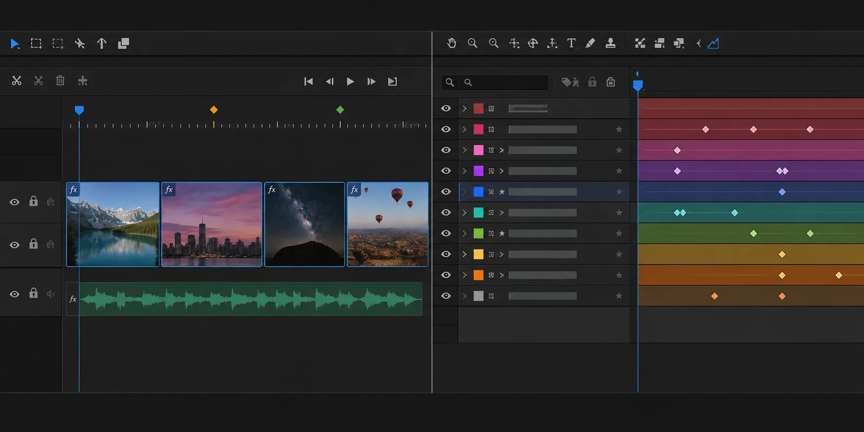 Kurgu Premiere'de, katmanlı animasyon After Effects'te Kurgu zaman çizelgesi ile katmanlı kompozisyon panelinin yan yana karşılaştırması