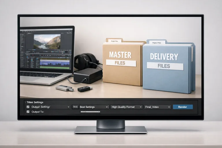 Bir projede master dosya üretip farklı teslim formatlarına dönüştürmeyi anlatan iş akışı şeması ve klasör yapısı