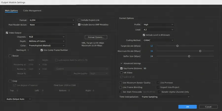 After Effects Output Module Settings dialog penceresi Format H.264 Channels RGB Resize Crop sekmeleri bitrate alanı