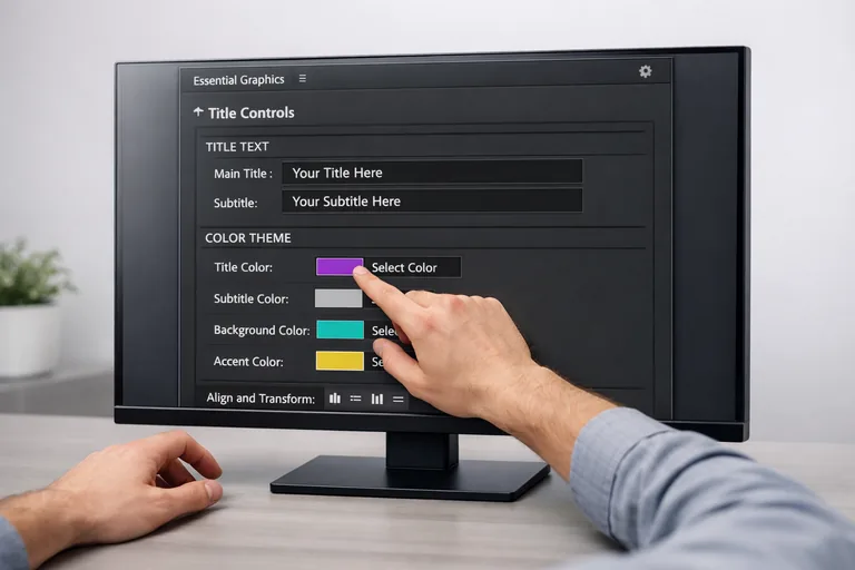 Essential Graphics panelinde başlık, renk teması ve logo kontrol alanlarıyla sade bir şablon kullanım ekranı
