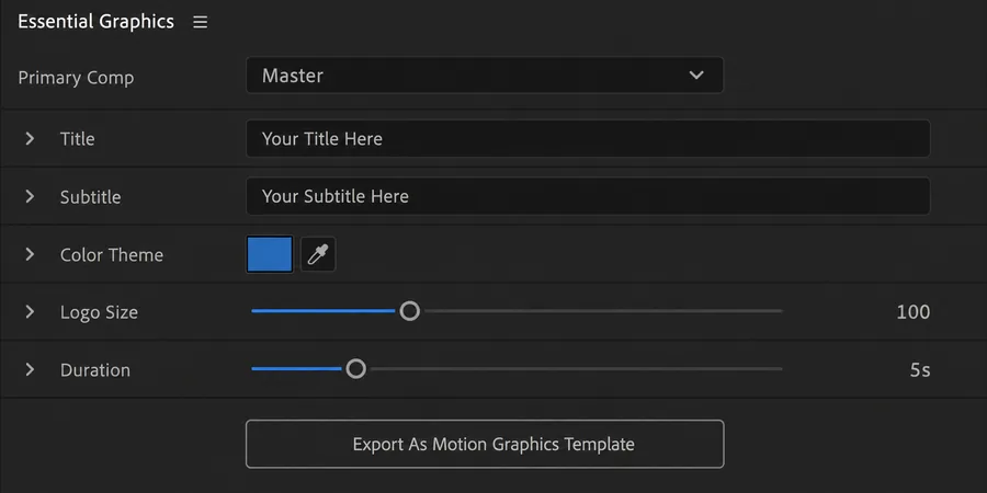 After Effects Essential Graphics paneli Başlık Alt Başlık Renk Teması Logo Boyutu düzenlenebilir alanlar listesi
