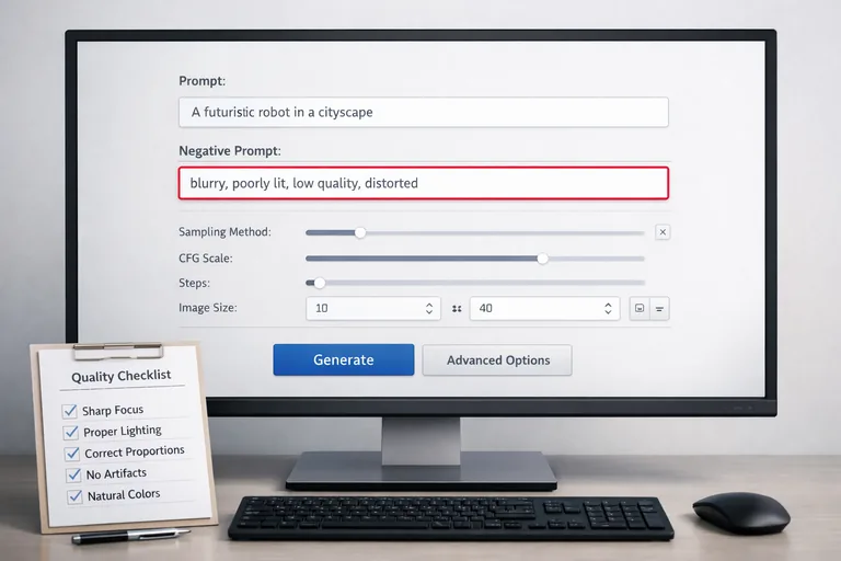 Prompt arayüzünde negatif alanı vurgulanmış, yanında küçük bir kontrol listesi ve kalite notları bulunan ekran düzeni