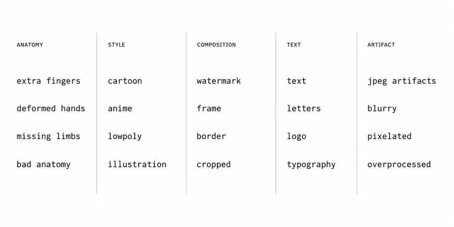 Hata kategorisi paketler tablosu anatomy style composition text artifact başlıkları altında negatif terim listeleri