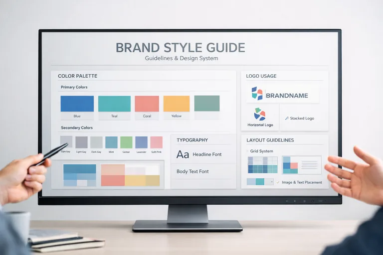 Ekip toplantısında marka renk paleti ve kompozisyon kurallarını içeren dijital stil rehberi ekran üzerinde inceleniyor