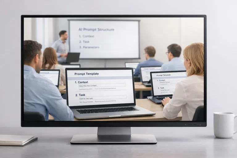 Profesyonel eğitim ortamında katılımcılar AI araçlarıyla prompt şablonu geliştirerek tutarlı sonuçlar elde ediyor