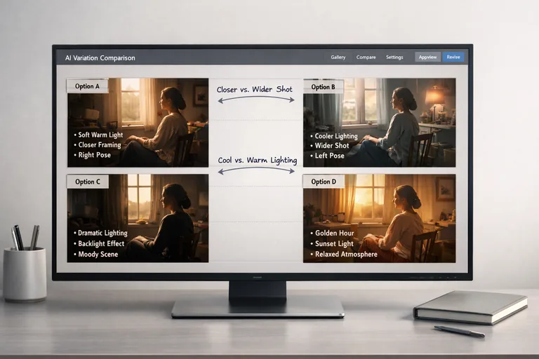 Kompozisyon, ışık ve renk notlarıyla yan yana karşılaştırılan çıktı varyasyonları, karar vermeyi kolaylaştırır