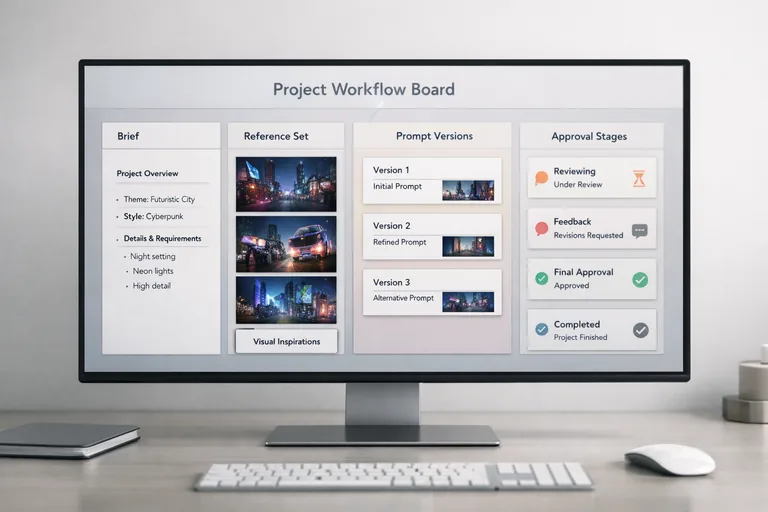 Brief, referans materyali ve prompt sürümlerinin tek ekranda takip edildiği bir iş akışı panosu, süreç şeffaflığı sunar