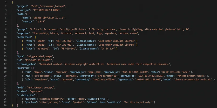 JSON üretim kayıt manifesti: project asset_id model prompt references license_notes approvals alanları