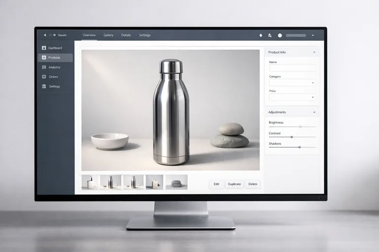 Parlak metal termos üzerinde üst soldan highlight çizgisi; zeminde temas gölgesi dar ve kontrollü, yansıma dengeli