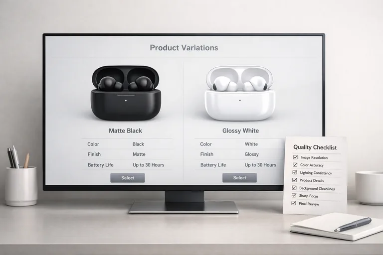 Düzenli bir çalışma masasındaki kontrol listesiyle, ürün varyasyonları yan yana karşılaştırılıyor; tutarlı ışık ve kadraj