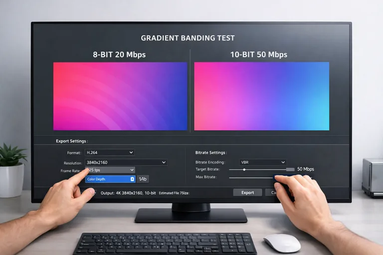 Renk geçişlerinde bantlaşmayı azaltmak için 10-bit dışa aktarma ve bitrate karşılaştırması yapan bir editör
