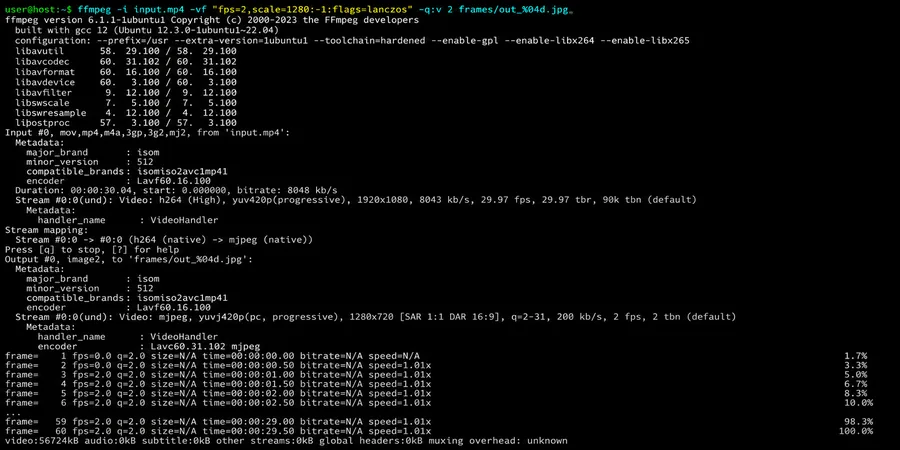 Terminal komut satırında ffmpeg ile fps lanczos scale parametreleriyle kare çıkarma komutu ve çıktı log satırları