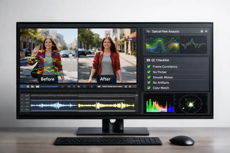 Zaman çizelgesinde stabilize edilmiş klipleri karşılaştırıp kalite kontrol listesine göre onay vermek