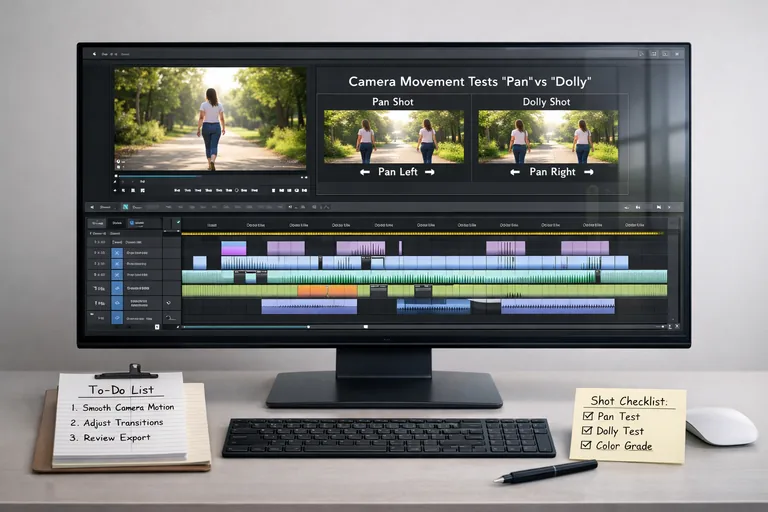 Ekip içi video üretim kontrol listesiyle pan ve dolly denemelerini karşılaştıran zaman çizelgesi görünümü ve notlar