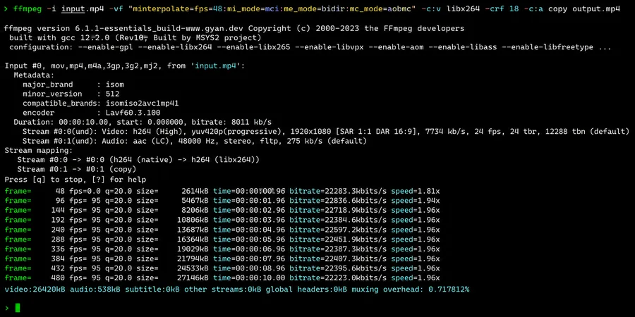 FFmpeg minterpolate komut satırı dark terminal'de fps=48 mi_mode=mci me_mode=bidir parametreleri ve frame sayısı log