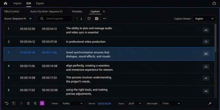 Adobe Premiere Pro Subtitle paneli SRT segment listesi 00:00:02 başlangıç bitiş timecode altyazı satır metni karakter sayacı