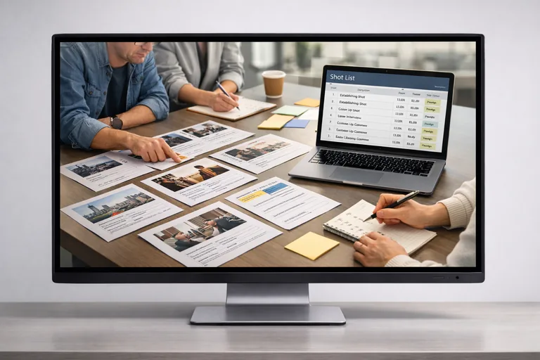 Ekip toplantısında sahne kartları üzerinden görev dağılımı yaparak üretim adımlarını netleştiren çalışma düzeni