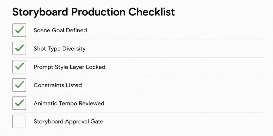 Storyboard sahne kontrol listesi checkbox amaç shot tipi prompt sabit katman kısıt animatik onay kapısı yeşil tick