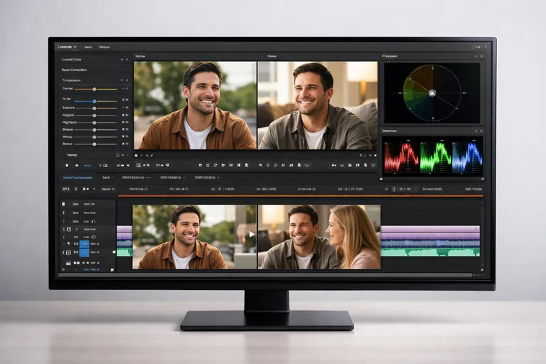 İki plan arasında renk ve parlaklık sürekliliğini ölçerek geçişi yumuşatan post-prod zaman çizelgesi ve ayar panelleri