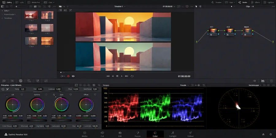 DaVinci Resolve Color page node graph iki klip arası match shot scope waveform RGB parade görsel sürekliliği eşleştirme