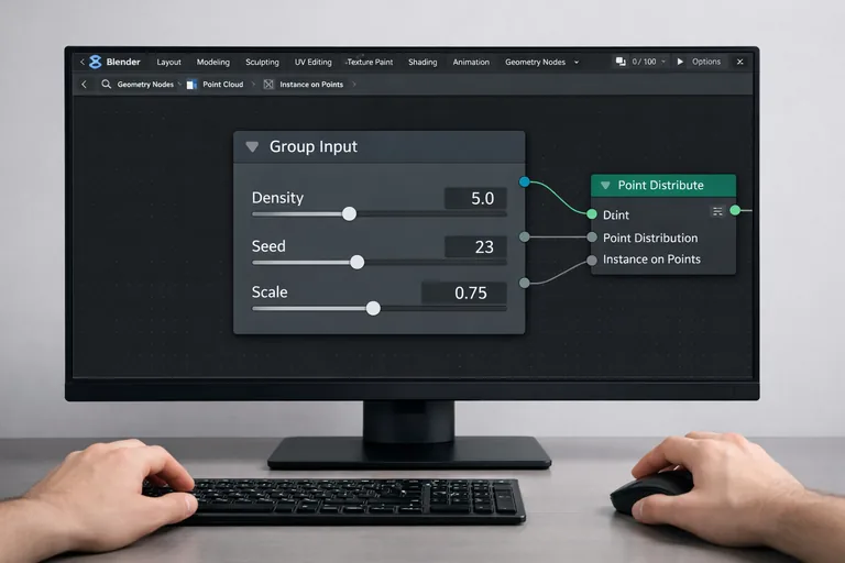 Parametre panelinde yoğunluk, tohum ve boyut kontrolleriyle farklı varyasyonlar üreten bir node sistemi düzeni