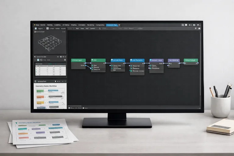 Takım içi paylaşıma uygun, renklerle gruplanmış ve açıklama etiketleriyle düzenlenmiş Geometry Nodes blokları yapısı