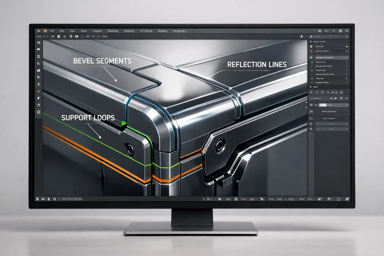 Bevel segmentleri ve destek loop yerleşimi doğru ayarlanmış mekanik bir köşenin çizgisel yansıma testi