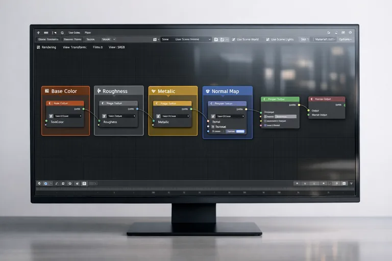 Node Editor içinde roughness, metalness ve normal haritaların Non-Color ayarıyla gruplanmış bir doku seti akışı