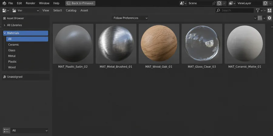 Blender Asset Browser kütüphane görünümünde MAT_Plastic_Satin MAT_Metal_Brushed MAT_Wood_Oak thumbnail